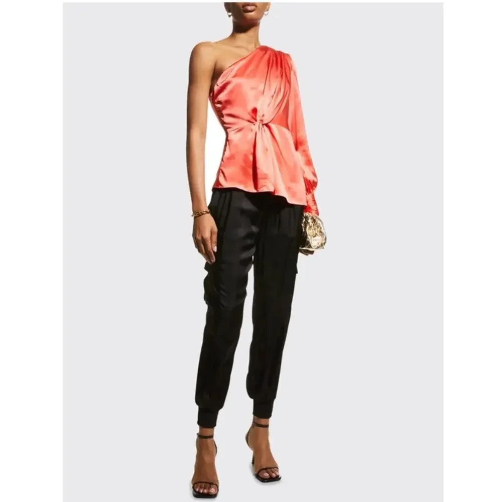CINQ A SEPT NWT Stace Silk One Shoulder Blouse in‎ Coral Going Out Date Looks